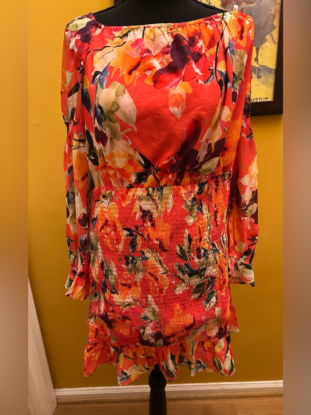 Guess Bright Pink Coral Floral Off Shoulder Smocked Dress Size XL